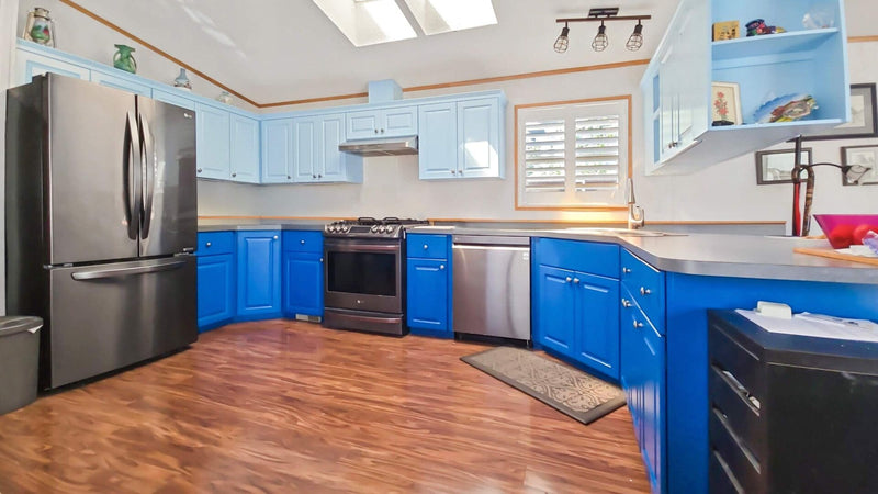 Oak Kitchen Cabinets Painted Two-Tone Blue  in Los Angeles